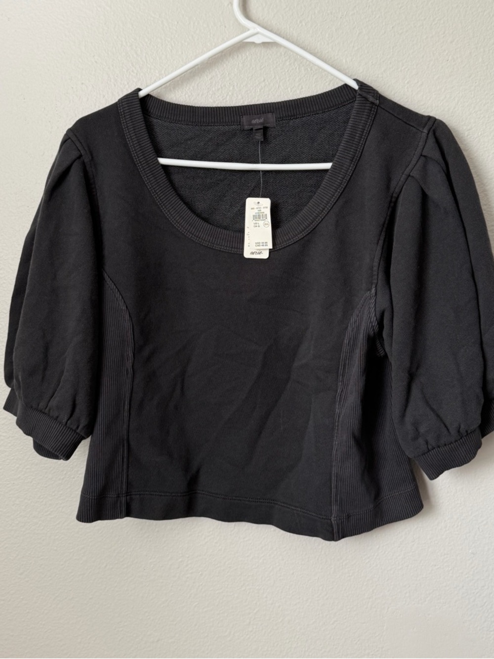Aerie Seams Right Short Sleeve Sweatshirt Charcoal Puff Sleeve Crop Ribbed L NWT - Picture 3 of 6